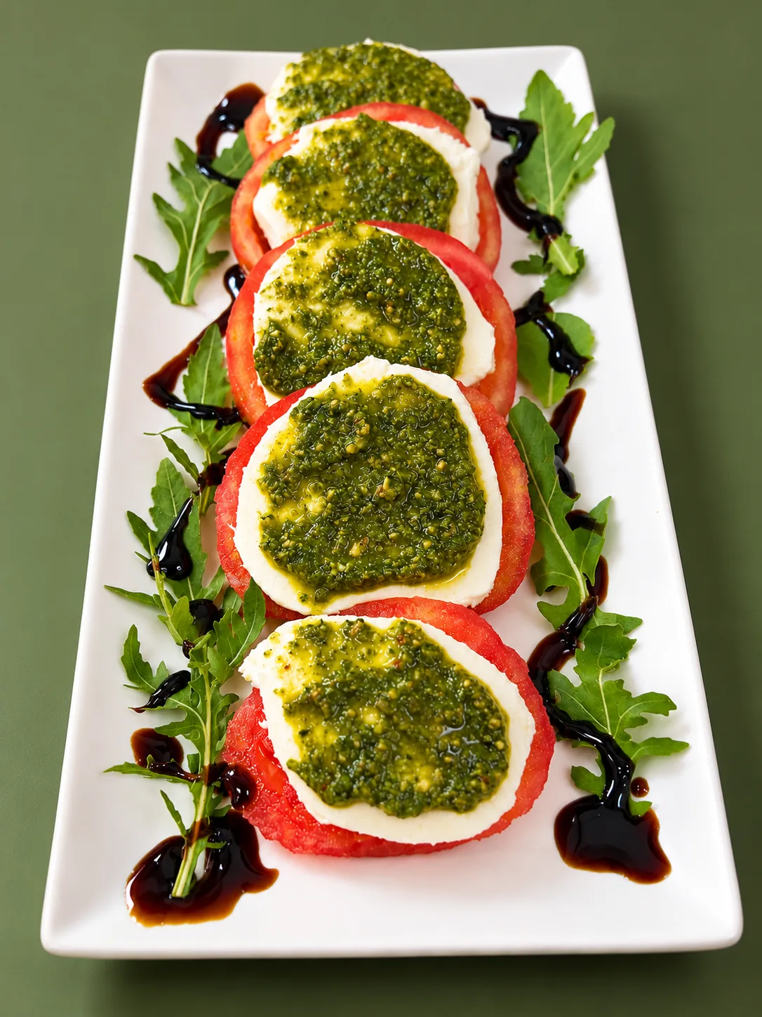 Caprese salad with tomato, mozzarella, pesto and balsamic