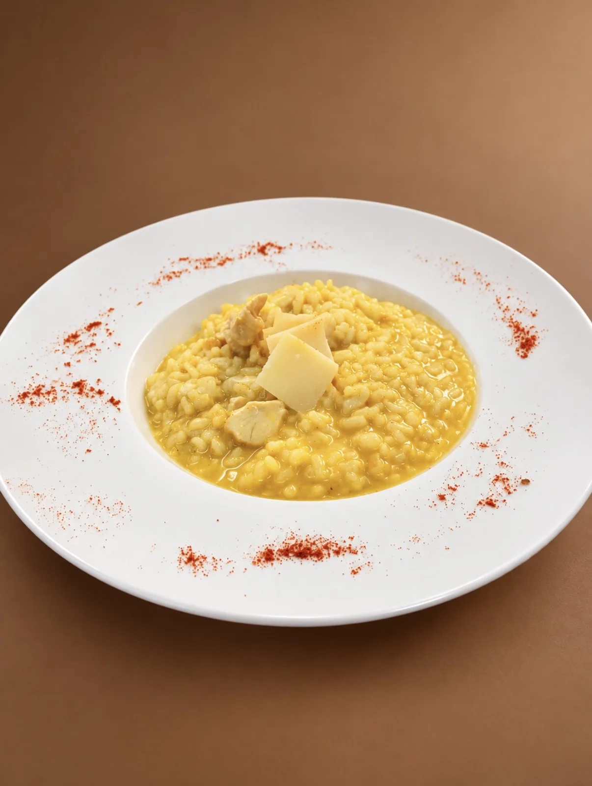 Saffron risotto with chicken and parmesan shavings