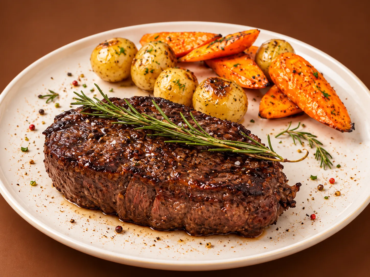 Grilled steak with rosemary, roast potatoes and carrots
